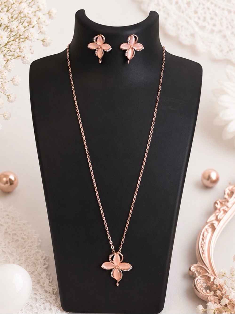 Rose Gold Tone Floral Pendant Necklace and Earrings Set